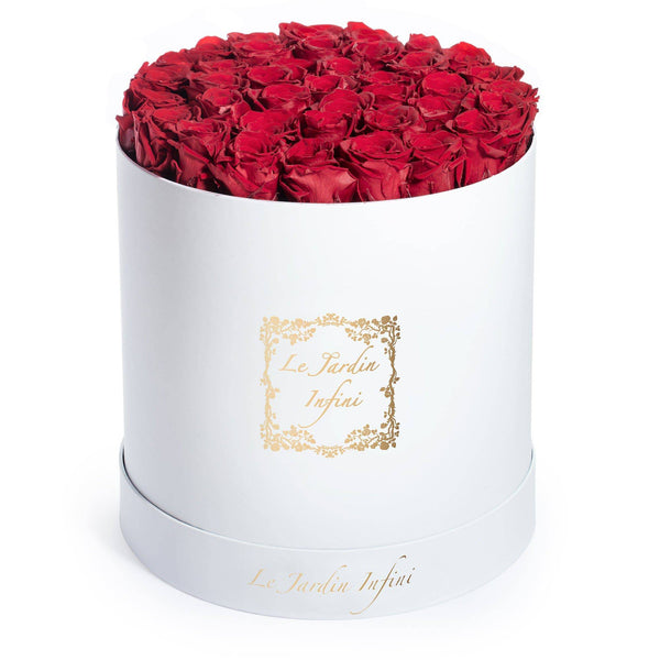 White & Red Preserved Roses In A Red Velvet Box With A Satin Bra