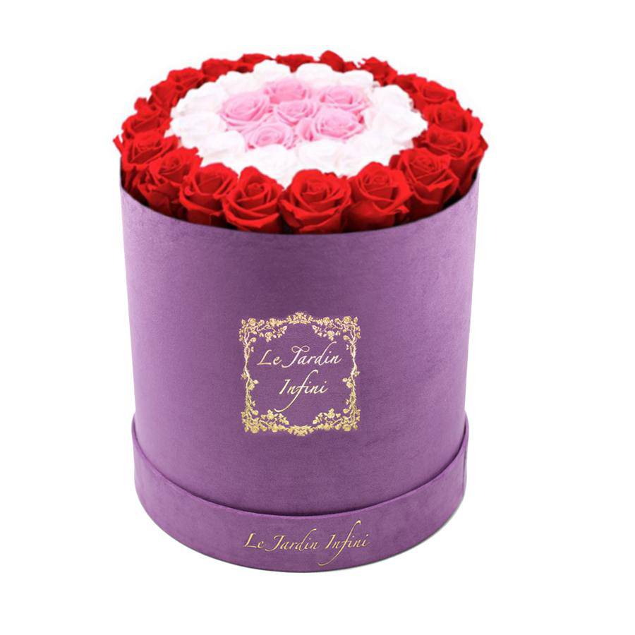 Red, Soft Pink & White Circles Preserved Roses - Large Round Luxury Purple Suede Box - Le Jardin Infini Roses in a Box