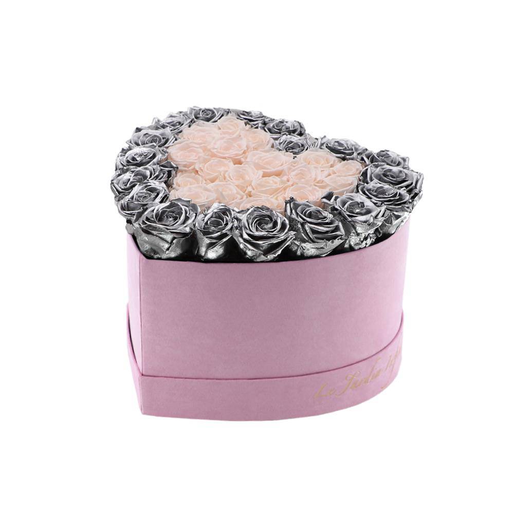 36 Silver & Champagne Hearts Preserved Roses in A Heart Shaped Box- Small Heart Luxury Pink Suede Box - Le Jardin Infini Roses in a Box