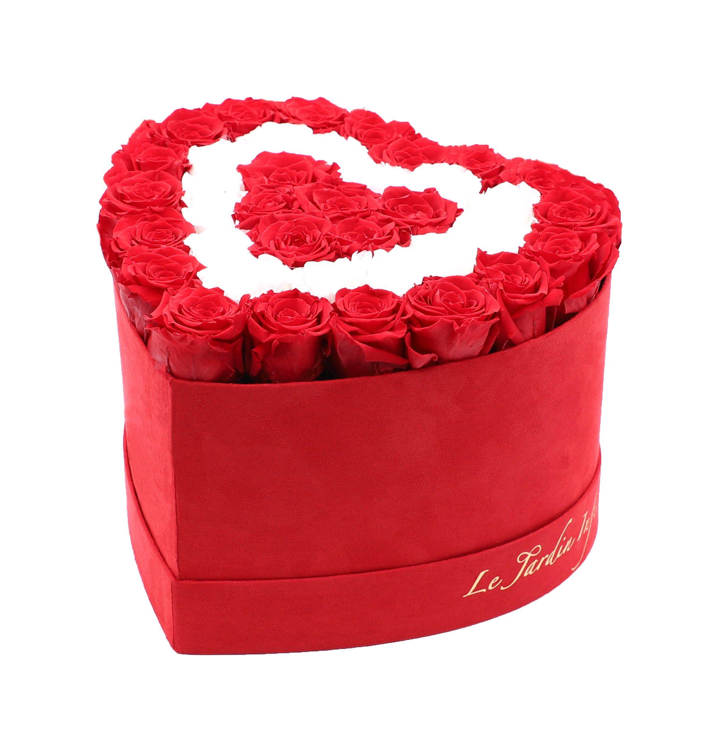 White & Red Preserved Roses In A Red Velvet Box With A Satin Bra & Brief  Set