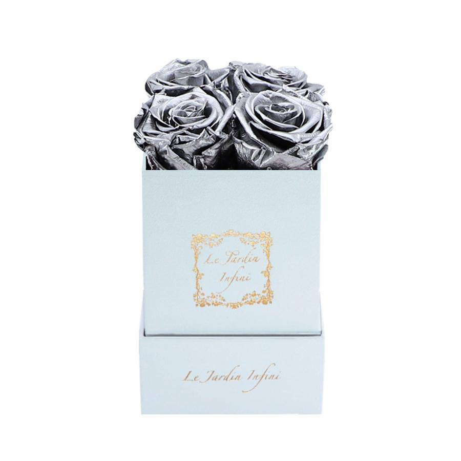 Silver Preserved Roses - Luxury Small Square White Suede Box - Le Jardin Infini Roses in a Box